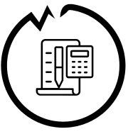 A black and white icon of a calculator, pencil and paper.