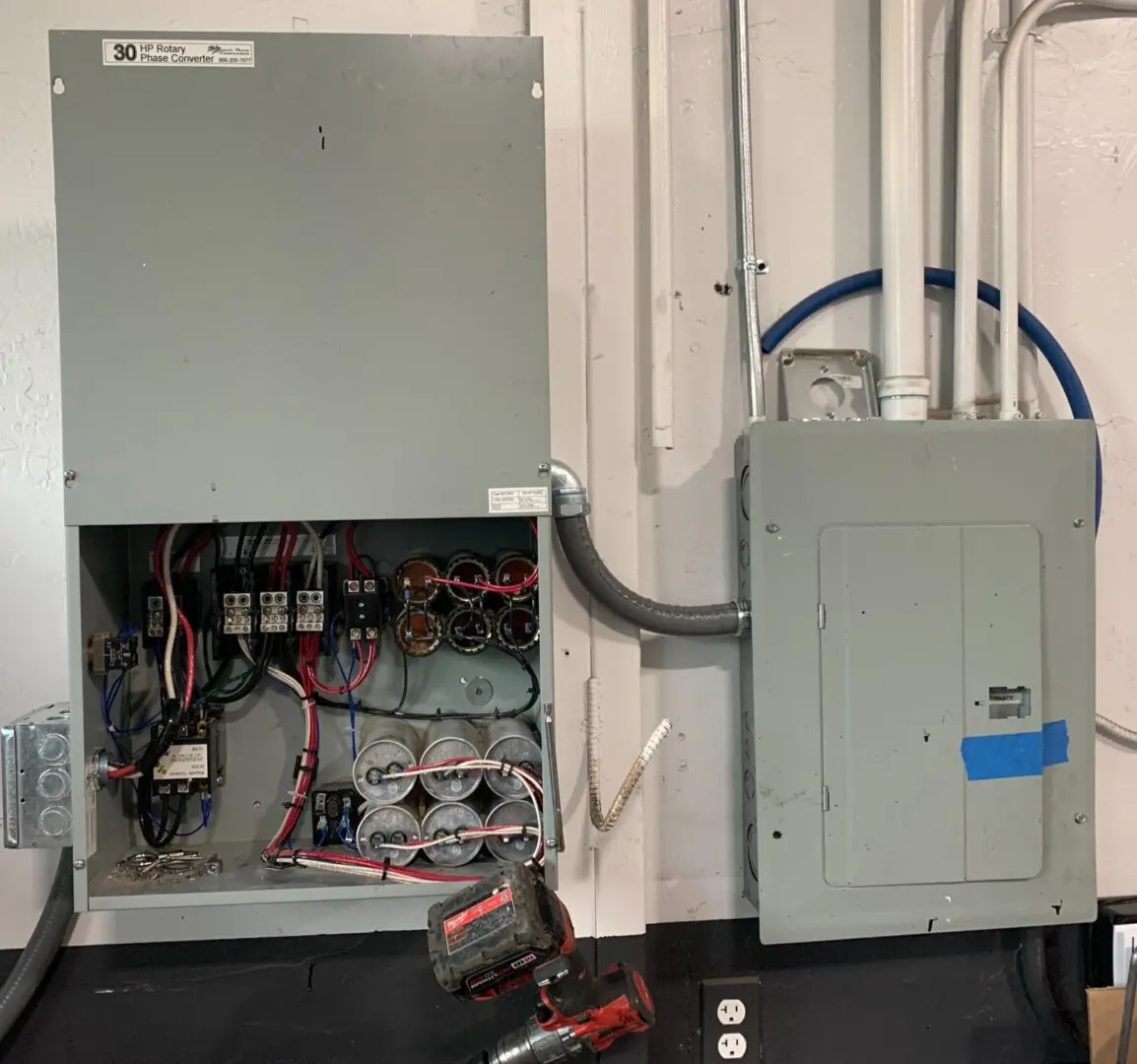 A view of an electrical panel and the power box.